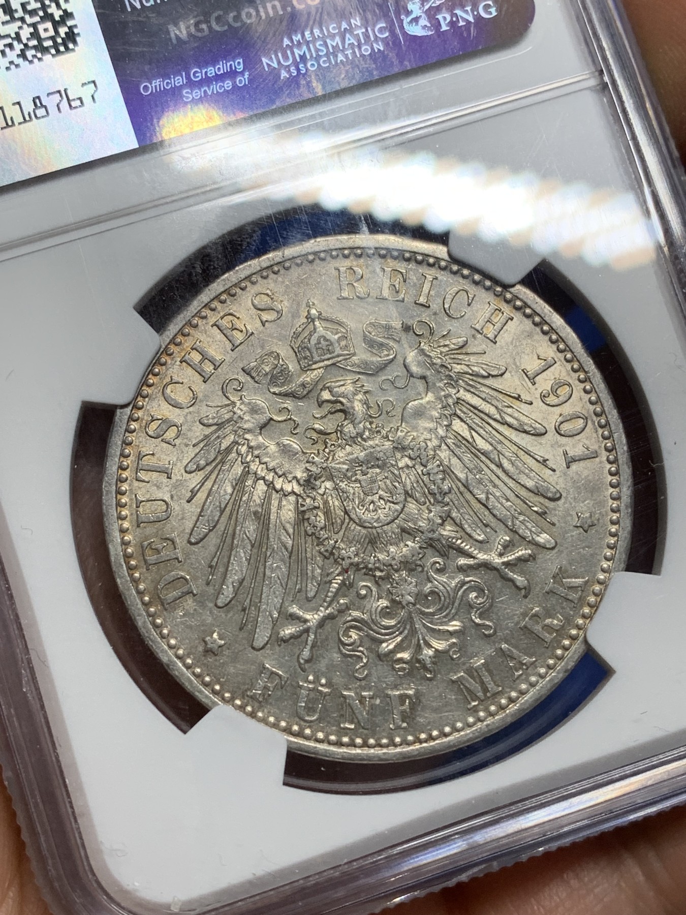 《竞宝斋》第222场-周日，周一 2场 (全场包邮) NGC-AU55 1901年巴伐利亚奥拓5马克大银币。原味状态