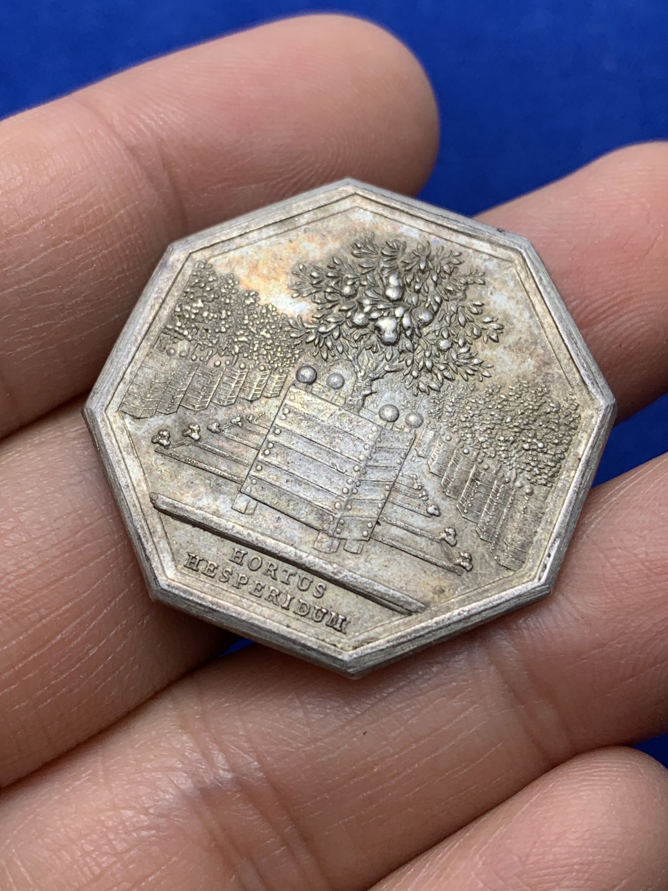 《竞宝斋》第222场-周日，周一 2场 (全场包邮) 法国红苹果园林银质八角代币 约31.6mm 12g 品相不错 早期无边铭（送小方盒）