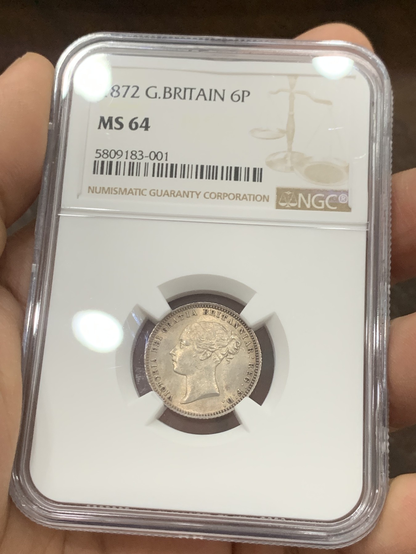 《竞宝斋》第222场-周日，周一 2场 (全场包邮) NGC-MS64 英国1872年小维头像6便士  稀少年份  更高分仅9枚