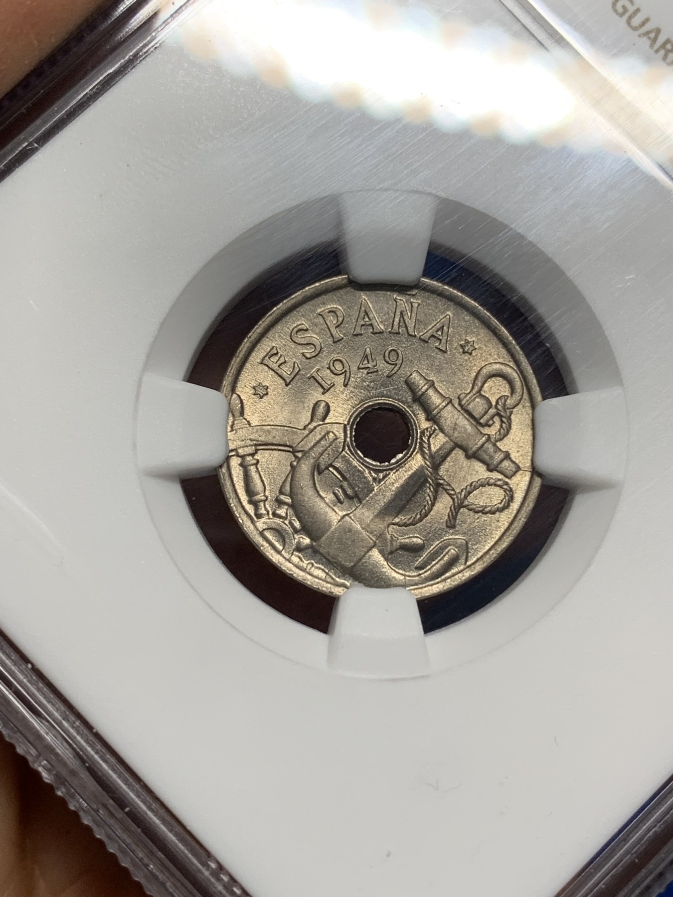 《竞宝斋》第222场-周日，周一 2场 (全场包邮) NGC MS66 西班牙 1949(51) 海锚 50分 高分少见