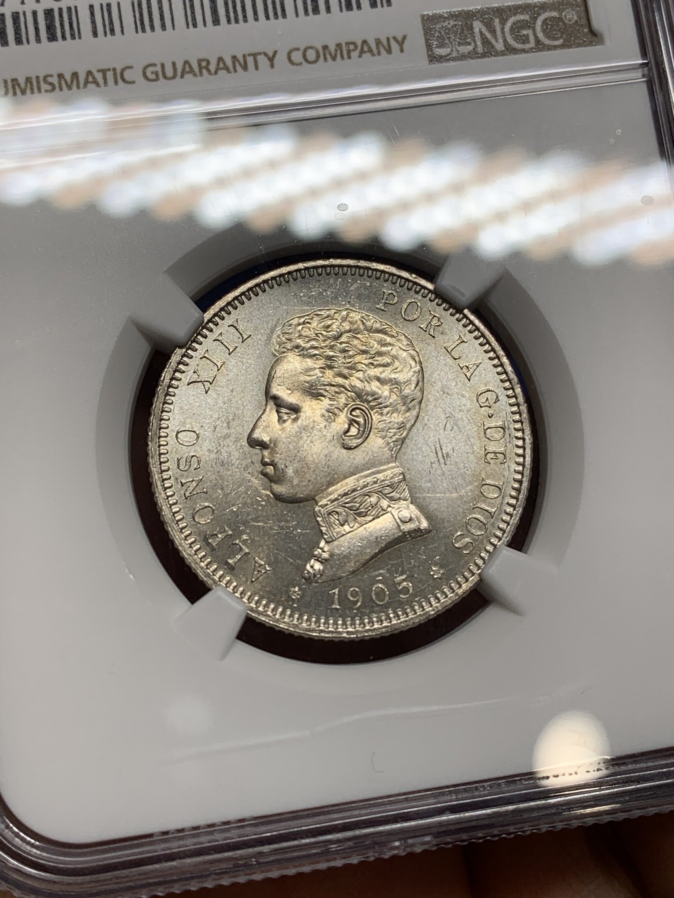 《竞宝斋》第222场-周日，周一 2场 (全场包邮) NGC-MS61 西班牙1905阿方索十三世2比塞塔银币