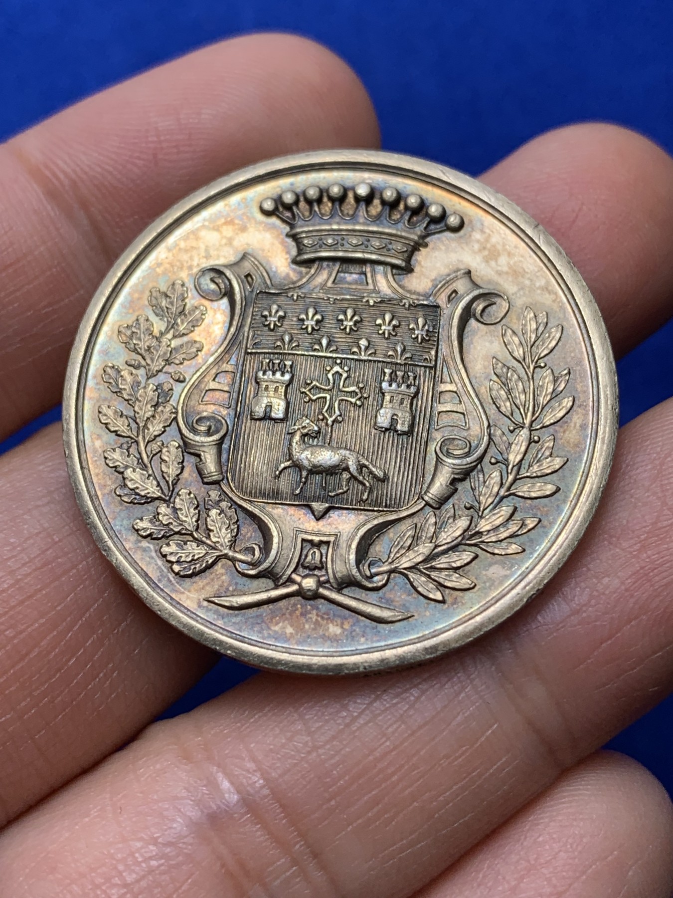 《竞宝斋》第222场-周日，周一 2场 (全场包邮) 19世纪法国加隆理事会纪念镀金银章，丰饶角argent银标，21.1g 36.4mm加long