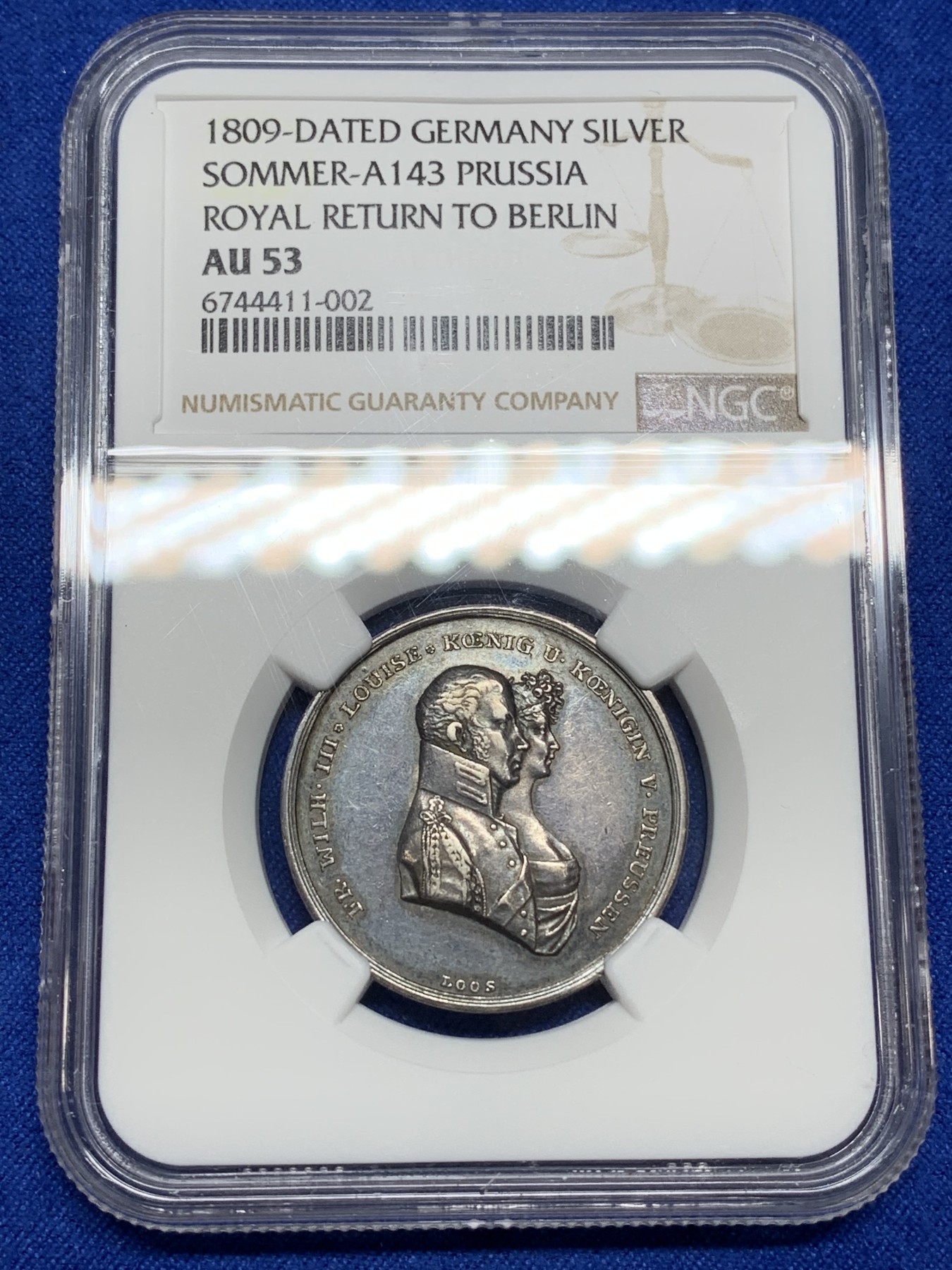 《竞宝斋》第222场-周日，周一 2场 (全场包邮) NGC-AU53 德国 1809年普鲁士结婚纪念银章 黑包浆 味道不错