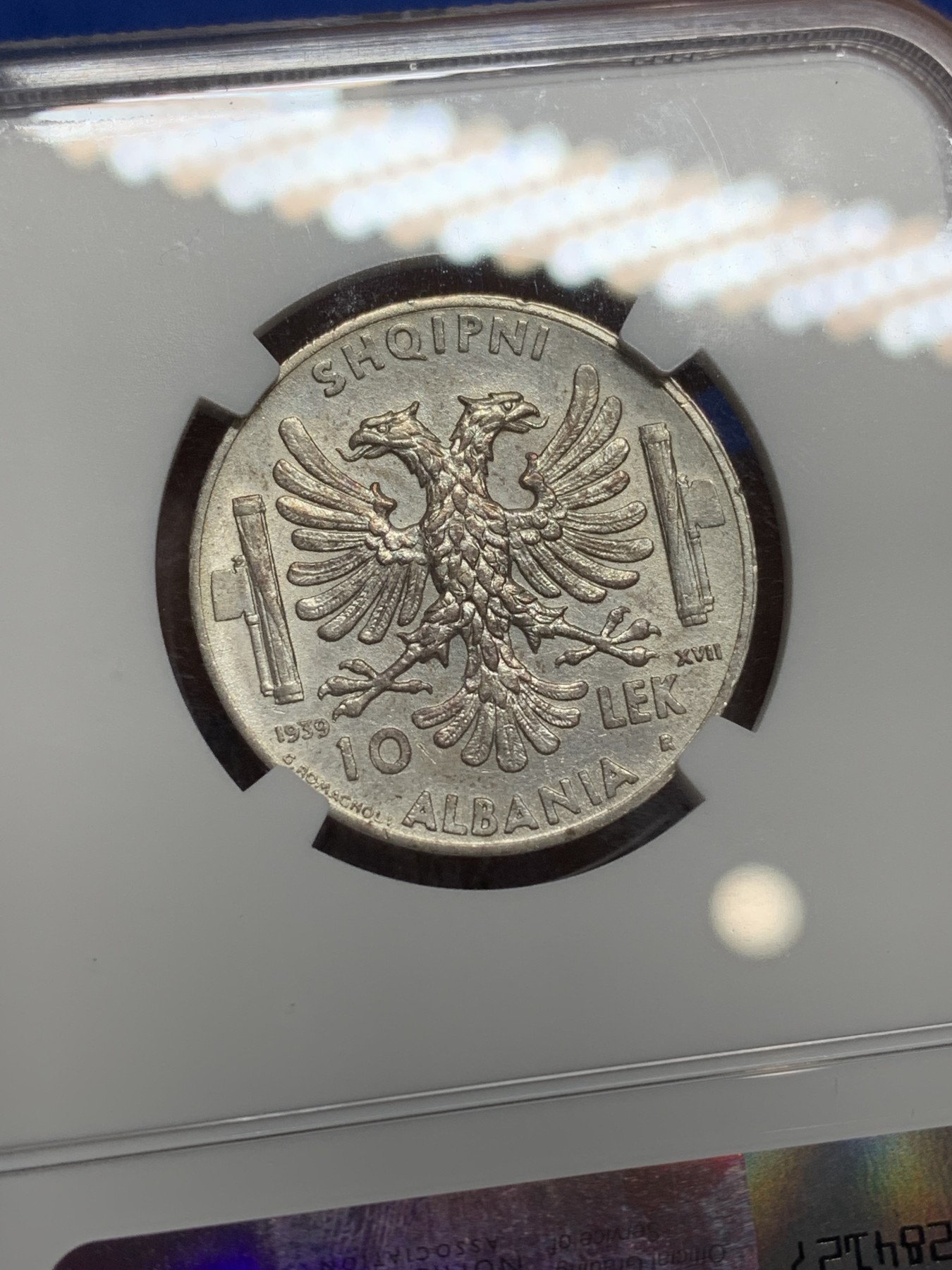 《竞宝斋》第222场-周日，周一 2场 (全场包邮) NGC-UNCD 1939年阿尔巴尼亚10列银币，少见银币。状态十分精美