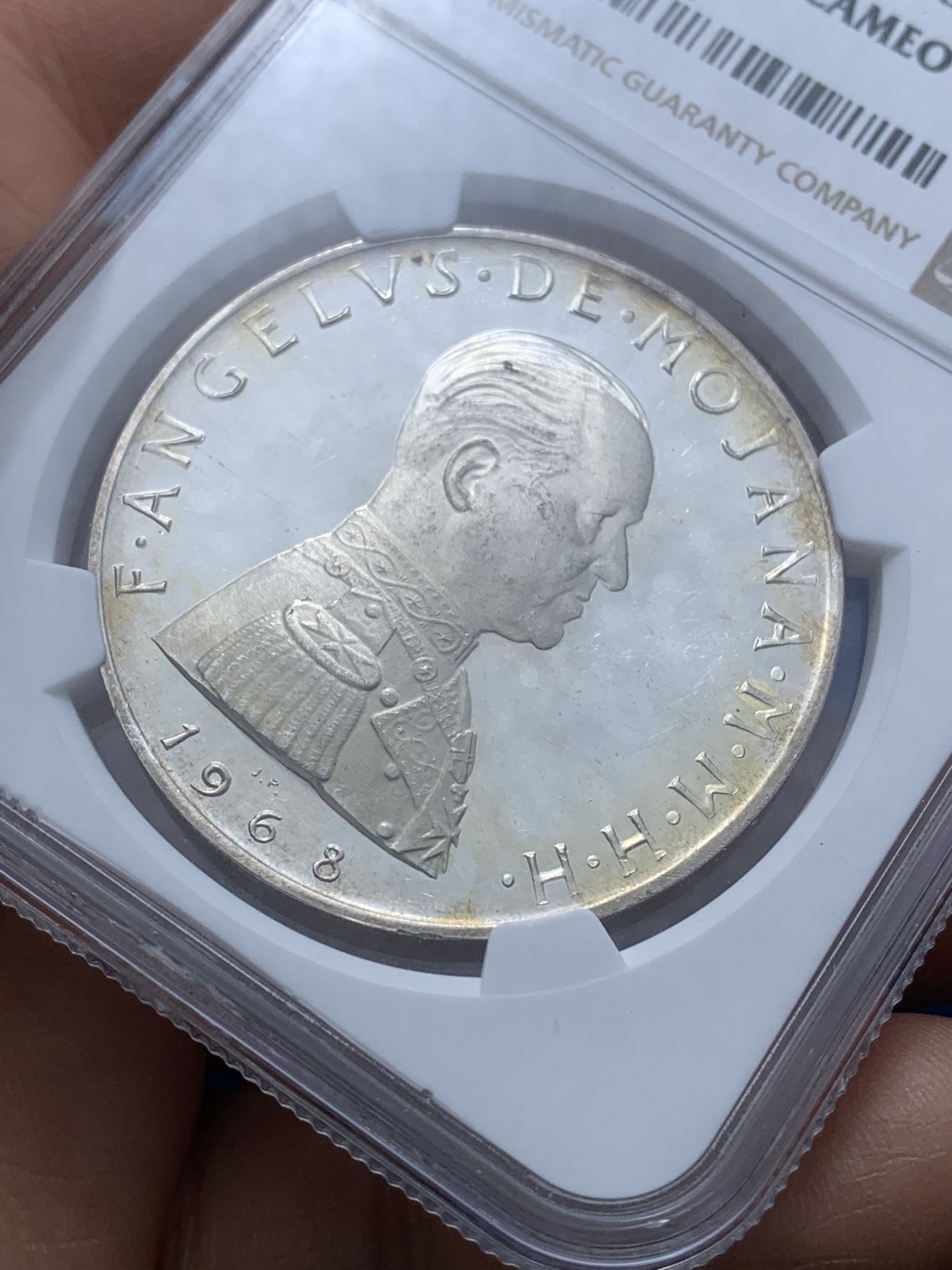 《竞宝斋》第222场-周日，周一 2场 (全场包邮) NGC PF63UC 马尔他1968年精制银币，稀有凭证，季军分，更高分仅2枚，盒子角上有磕，见图。