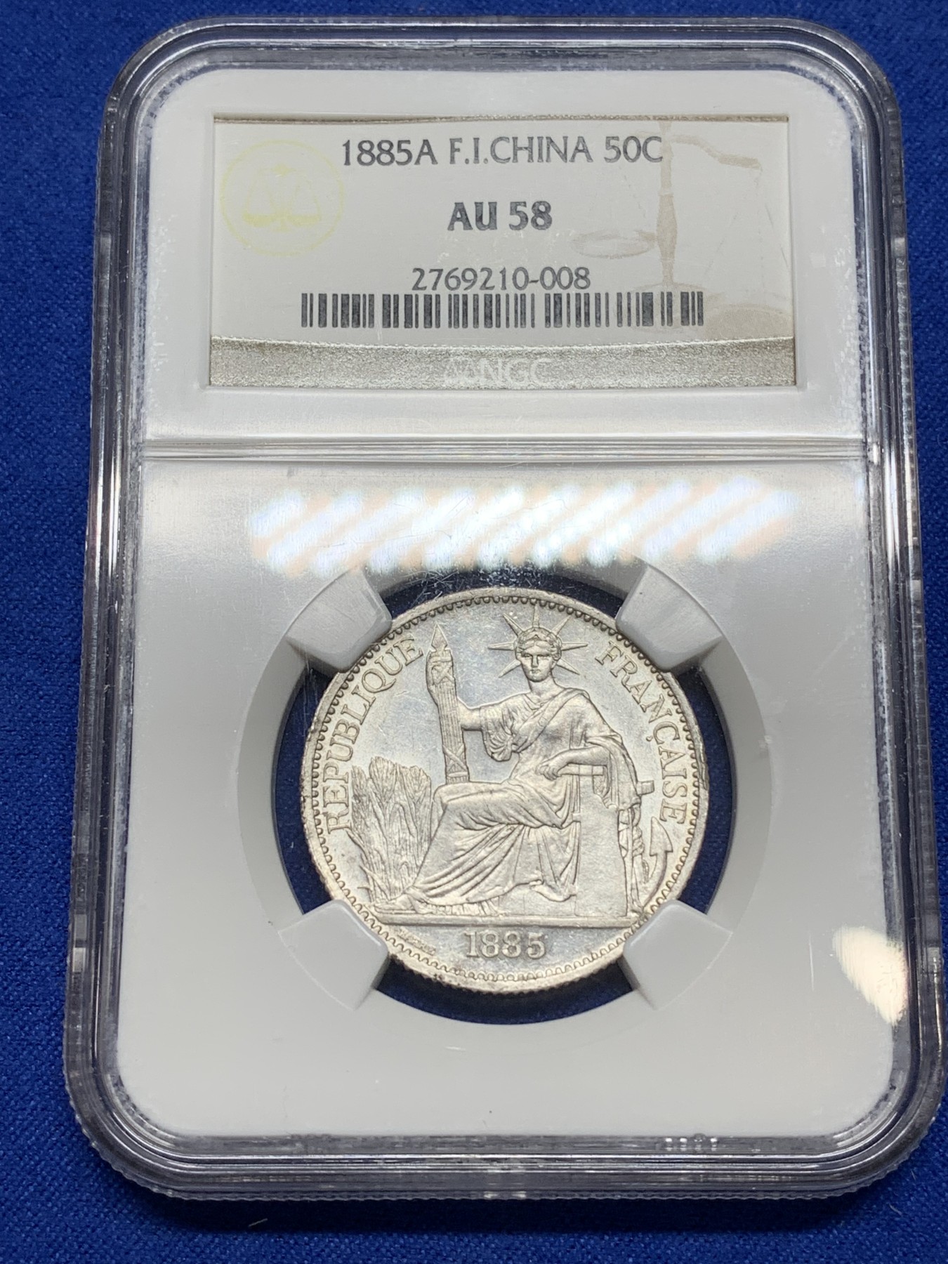 《竞宝斋》第222场-周日，周一 2场 (全场包邮) NGC AU58 法属印支 1885年50分，发行量仅4万枚，稀有原光品相！