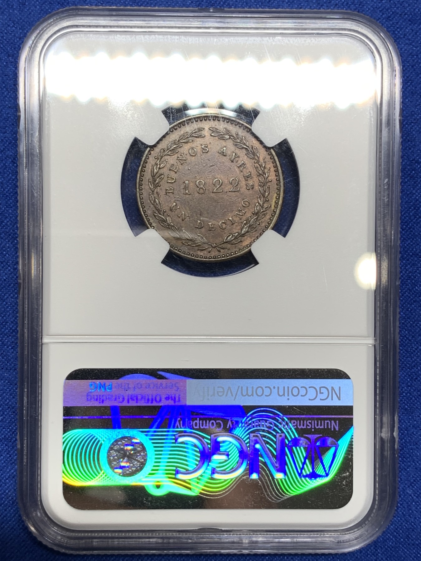《竞宝斋》第222场-周日，周一 2场 (全场包邮) NGC-AU55BN 阿根廷1822年布宜诺斯艾利斯1D铜币，60分参考价160美元。早期阿根廷稀见