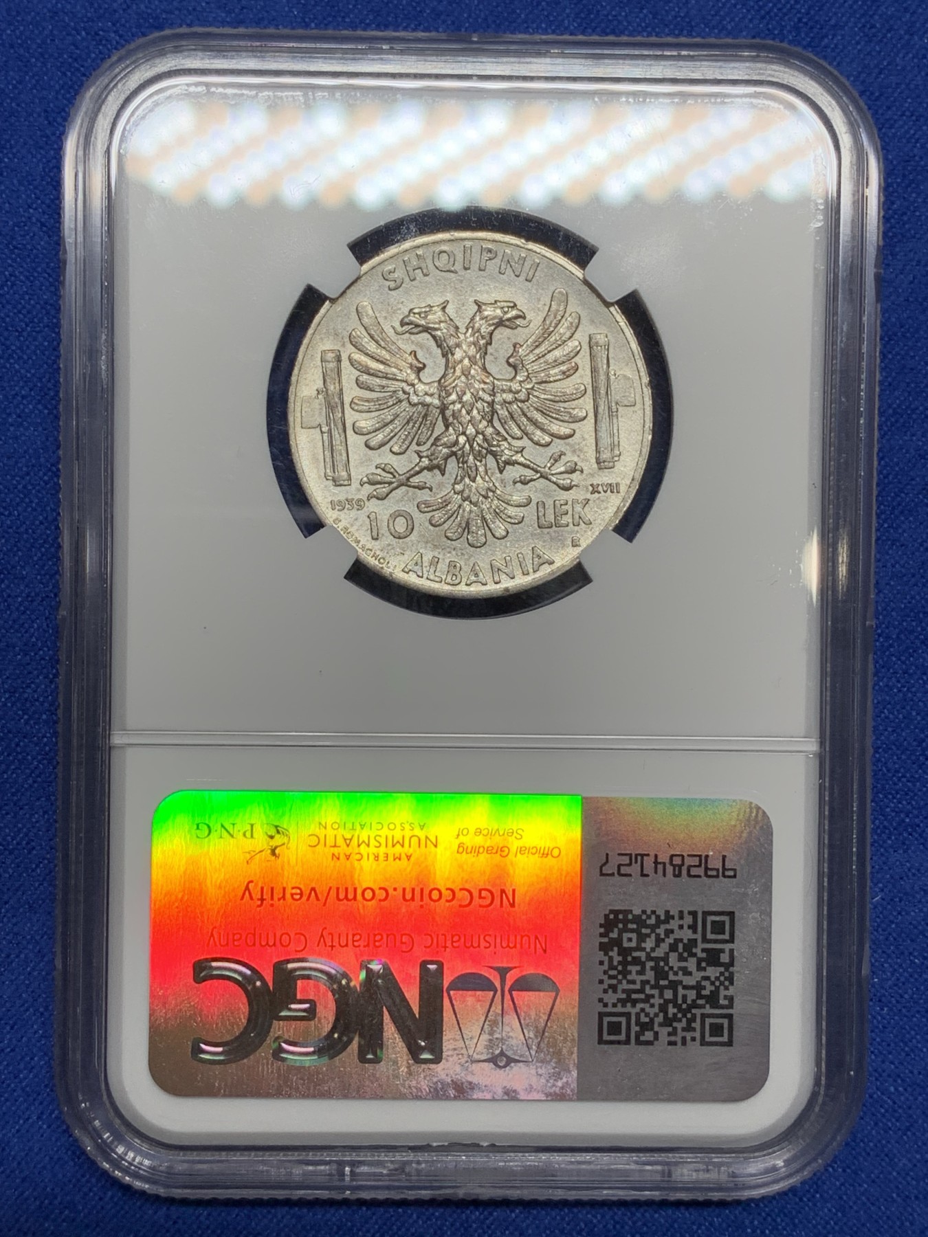 《竞宝斋》第222场-周日，周一 2场 (全场包邮) NGC-UNCD 1939年阿尔巴尼亚10列银币，少见银币。状态十分精美