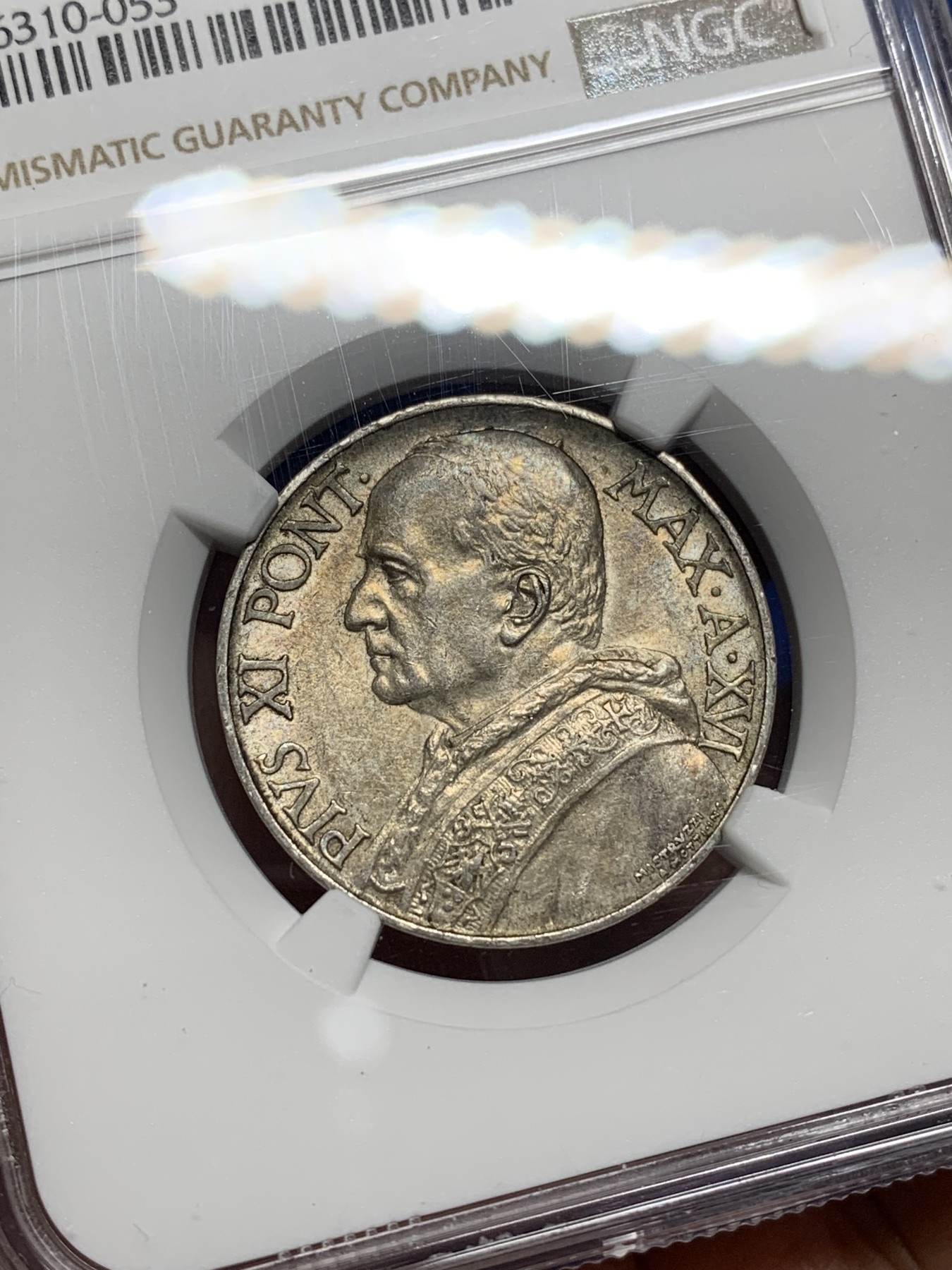 《竞宝斋》第222场-周日，周一 2场 (全场包邮) NGC-AU58 梵蒂冈 1937年 教皇庇护十一世 10里拉银币