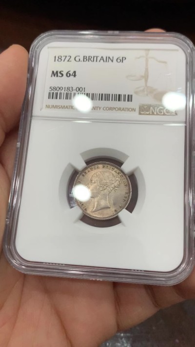 《竞宝斋》第222场-周日，周一 2场 (全场包邮) NGC-MS64 英国1872年小维头像6便士  稀少年份  更高分仅9枚