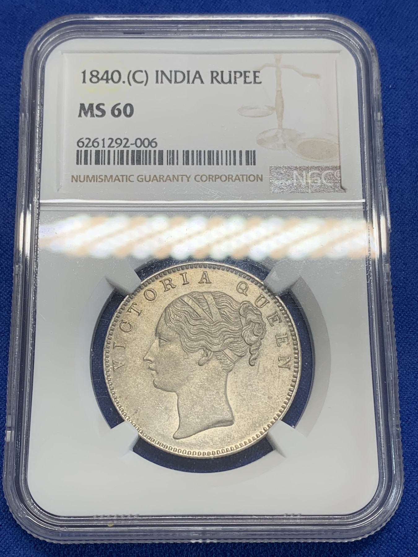 《竞宝斋》第222场-周日，周一 2场 (全场包邮) NGC MS60 英属印度1840维多利亚单辫版1卢比银币