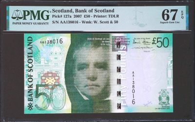 世界靓号纸钞第三十五期 - 2007年苏格兰50镑 首发AA冠 全程无47 PMG67 2007年世界最佳纸币 比较难找的一张世界最佳 之前一张无47的67分都拍了8000
