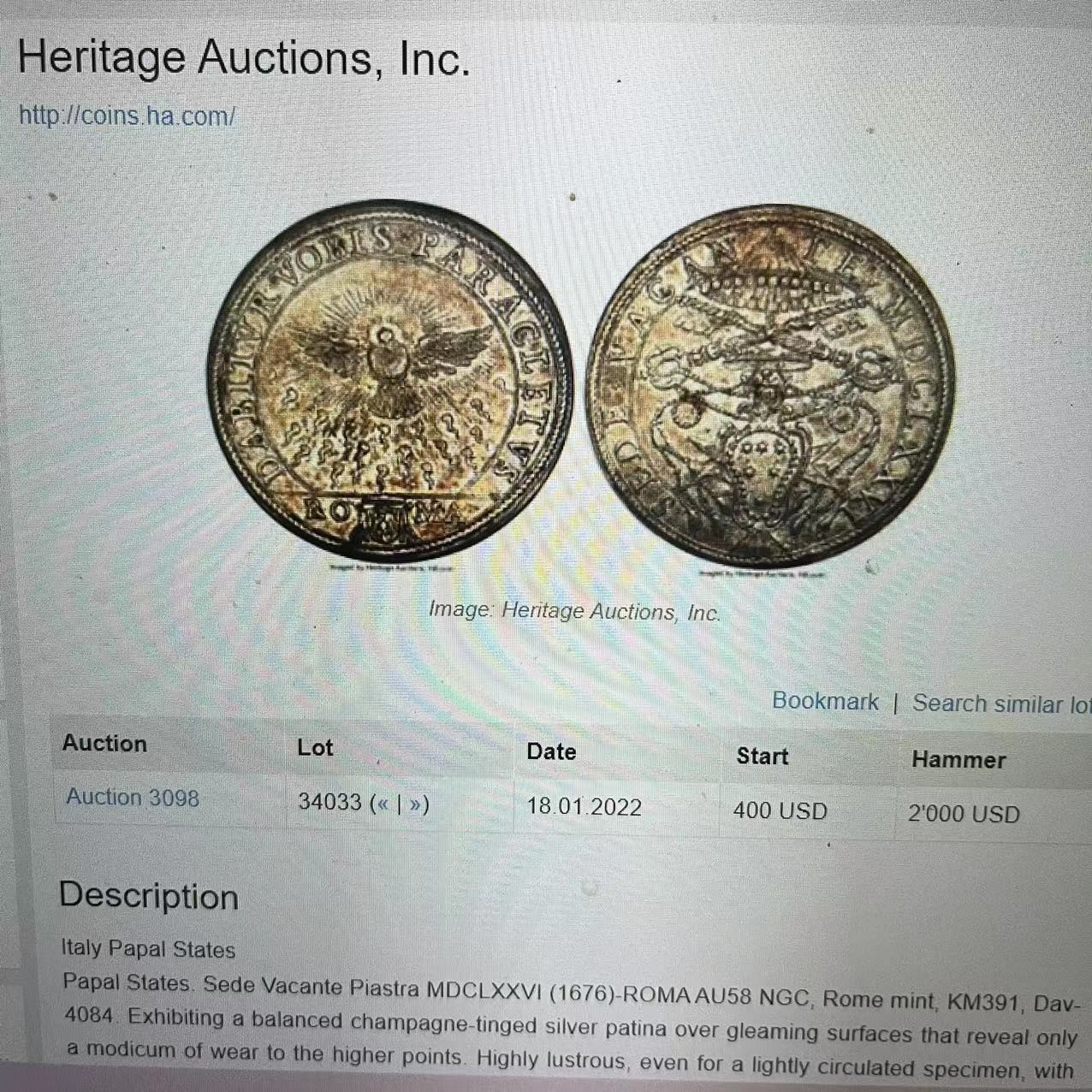 《竞宝斋》第222场-周日，周一 2场 (全场包邮) NGC MS61 意大利 教皇国 1676年 缺位 1P 大银币 17世纪的工艺精湛 非常少见的版别 上MS 实在难得 58分1.8万成交