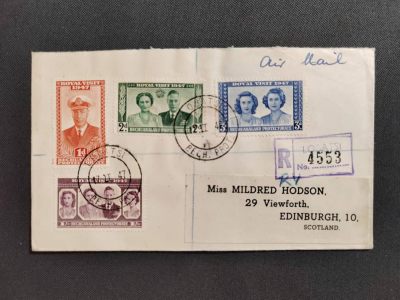【第61期】莲池国际邮品拍卖 - 【贝专纳兰 博茨瓦纳】1947 英国王室访问 套票首日挂号寄英国 含英女王等