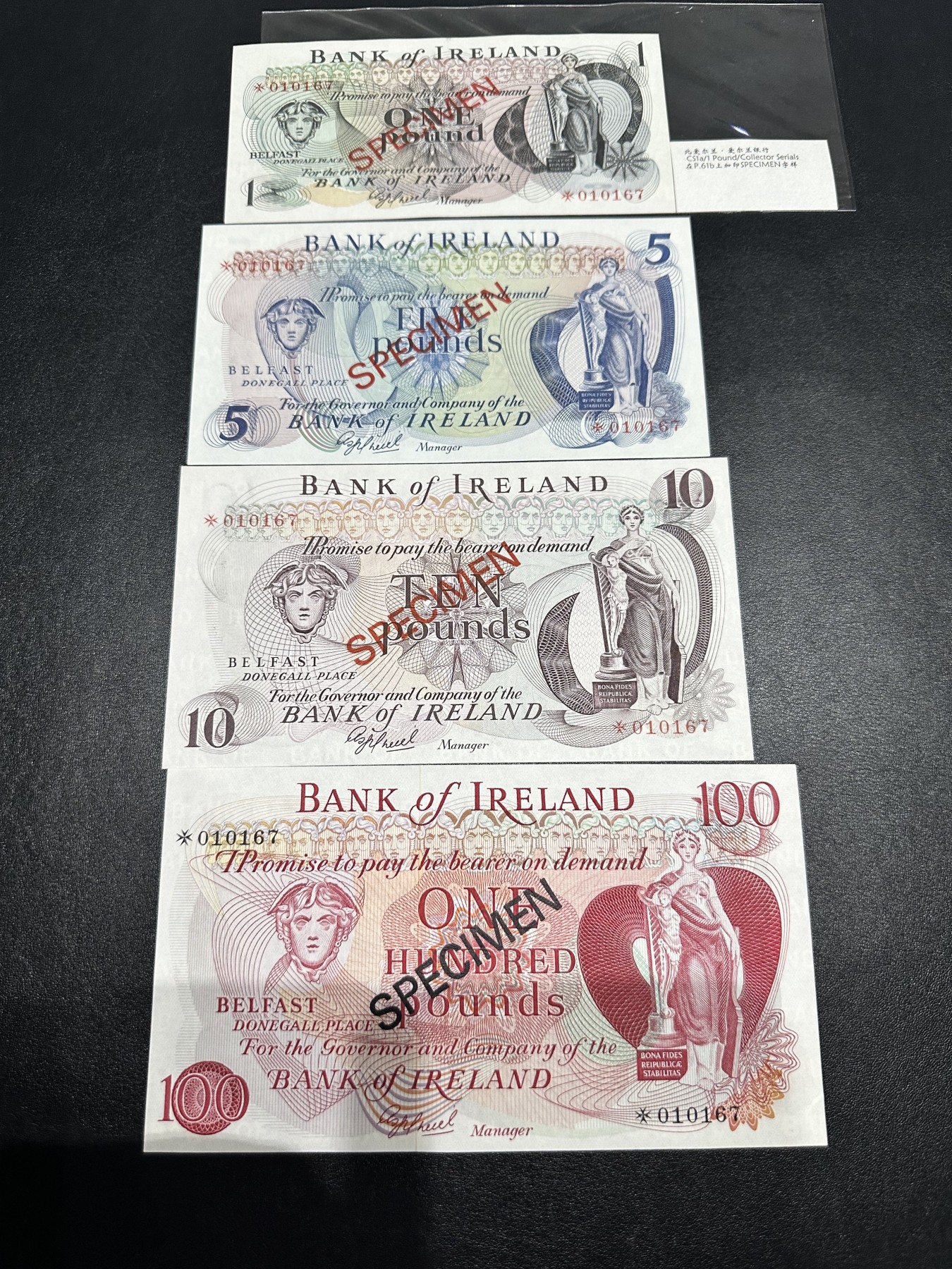 《外钞收藏家》第三百二十期（爱尔兰、北爱尔兰、马耳他专场） 爱尔兰银行1/5/10/100镑，全同号010167加*号加SPECIMEN，限量发行收藏版（北爱） 全新UNC