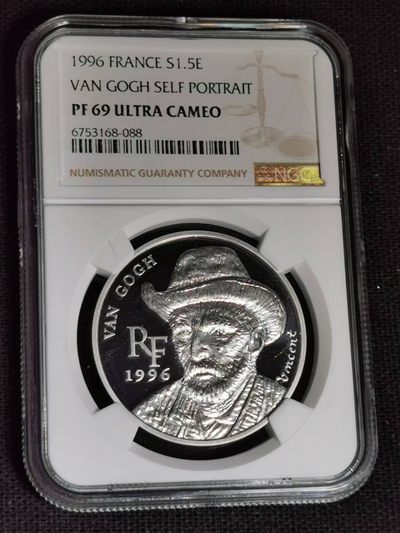 刘世昌艺术品销售中心～虎踞龙蟠*金杨在线联拍群第509期 -  法国1996年画家梵高肖像1.5欧10法郎双面值精制纪念银币（NGC PF69UC 串号：6753168-088）1枚。