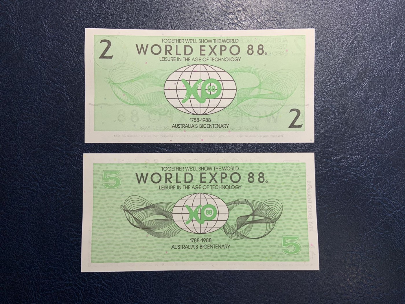 收藏联盟Quantum Auction 第310期拍卖 (已更新) 澳大利亚1988年布里斯班世博会2和5元纪念代金券 品相全新UNC 尾三同 雕刻版