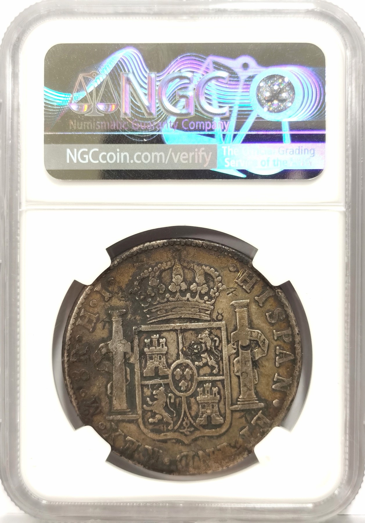 博洋堂世界钱币拍卖第056期（全场包邮） NGC VF 西属墨西哥1811年MO HJ斐迪南七世双柱银币，原味墨戳叠加字戳