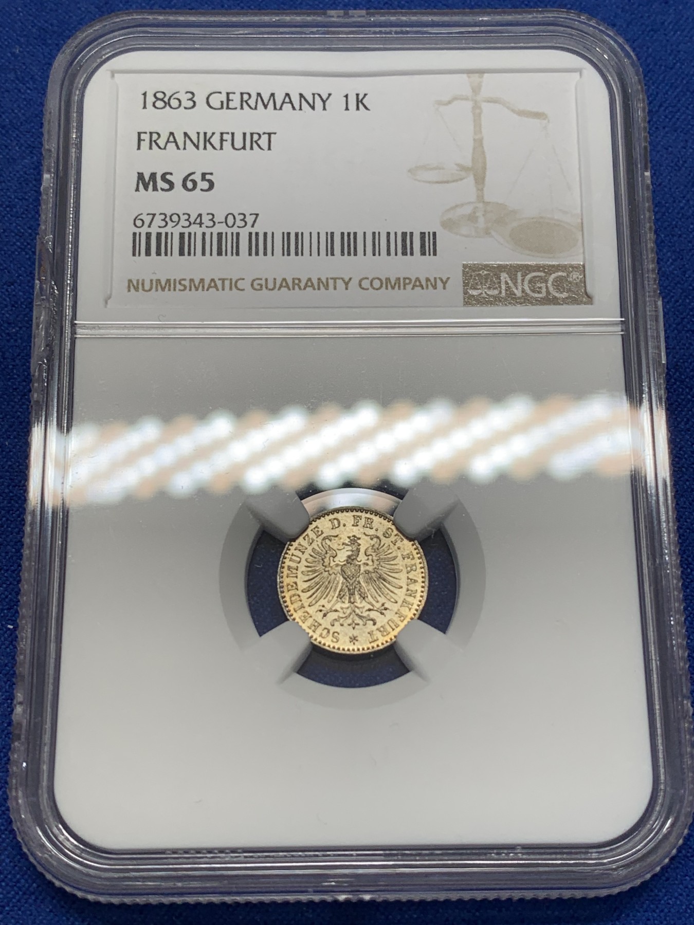 《竞宝斋》第223场-周日，周一 2场 (全场包邮) NGC-MS65 德国 1863年 法兰克福1克鲁泽高分银币。细节精细