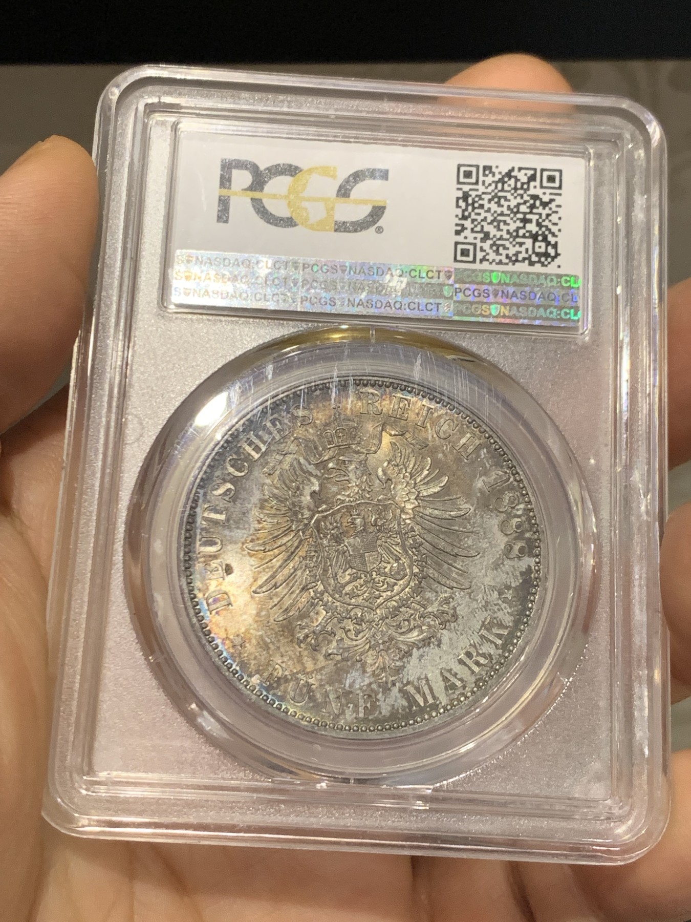 《竞宝斋》第223场-周日，周一 2场 (全场包邮) PCGS MS66 1888三皇年德国普鲁士弗三短翅5马克，顶级高分，顶级爆彩包浆，收藏级精品
