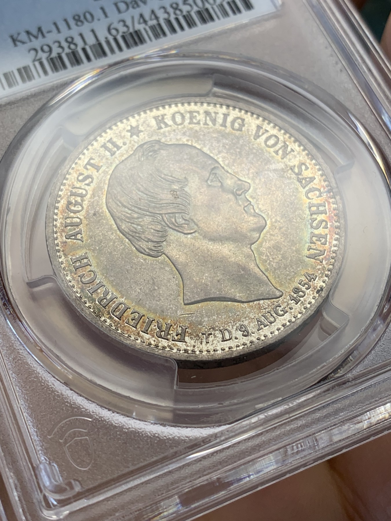 《竞宝斋》第223场-周日，周一 2场 (全场包邮) 亚军分 PCGS MS63 德国 萨克森 1854年 双神1泰勒大银币 枪灰色包浆 底板带光 舒服的状态