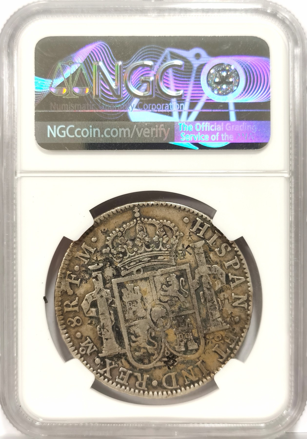 博洋堂世界钱币拍卖第056期（全场包邮） NGC Fine 西属墨西哥1792年MO FM卡洛斯四世双柱银币，原味墨戳叠加字戳