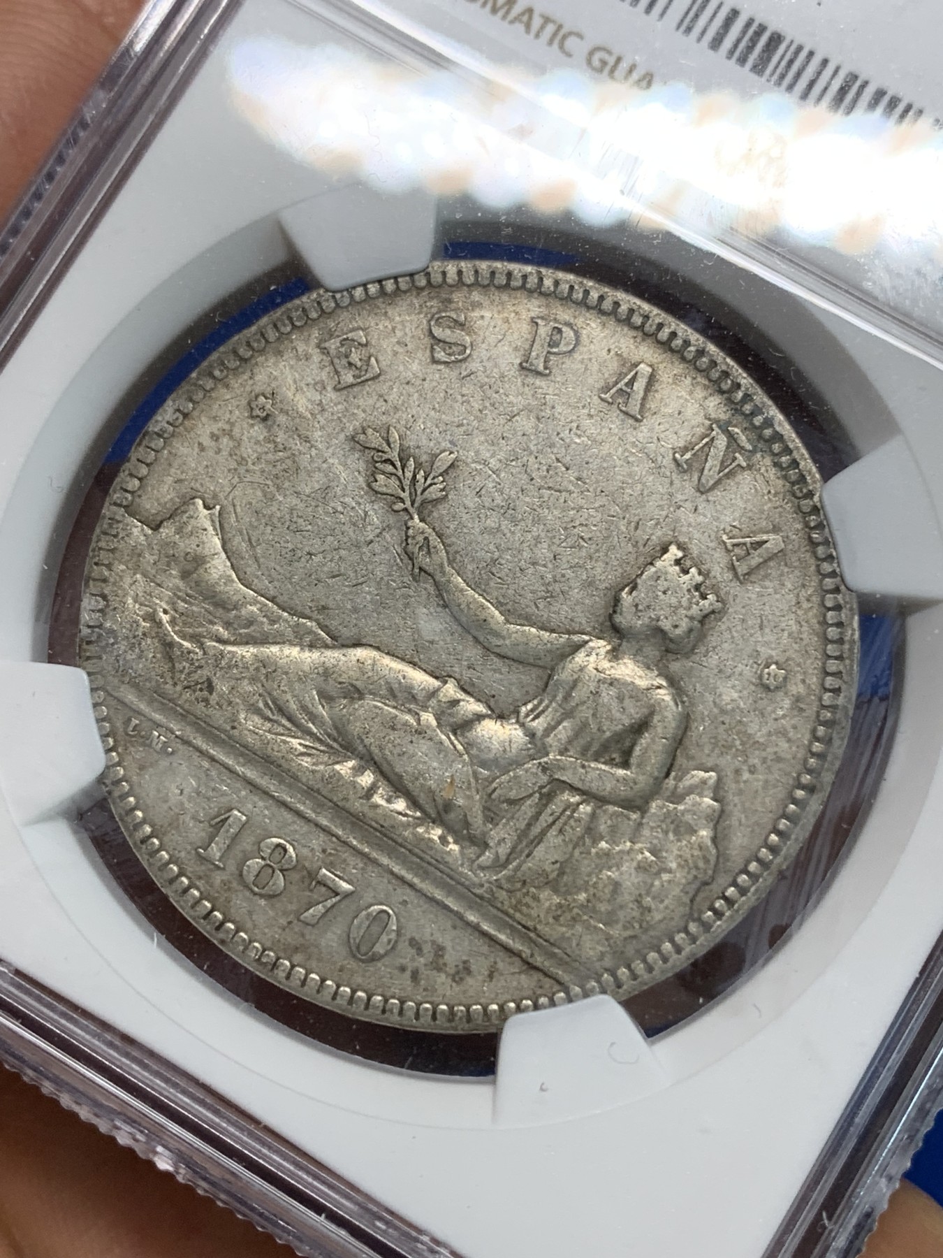 《竞宝斋》第223场-周日，周一 2场 (全场包邮) NGC VF35 西班牙1870年拿花5比塞塔大银币