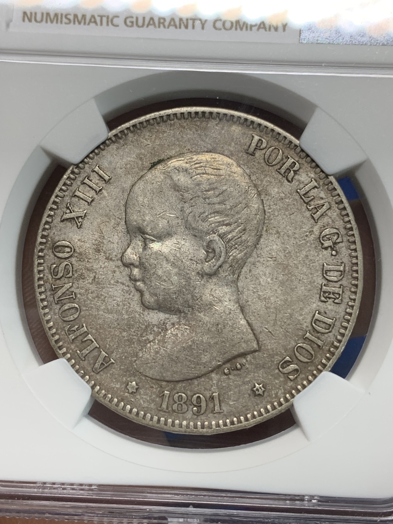 《竞宝斋》第223场-周日，周一 2场 (全场包邮) NGC-XF45 西班牙1891年小光头阿方索十二世5比塞塔银币