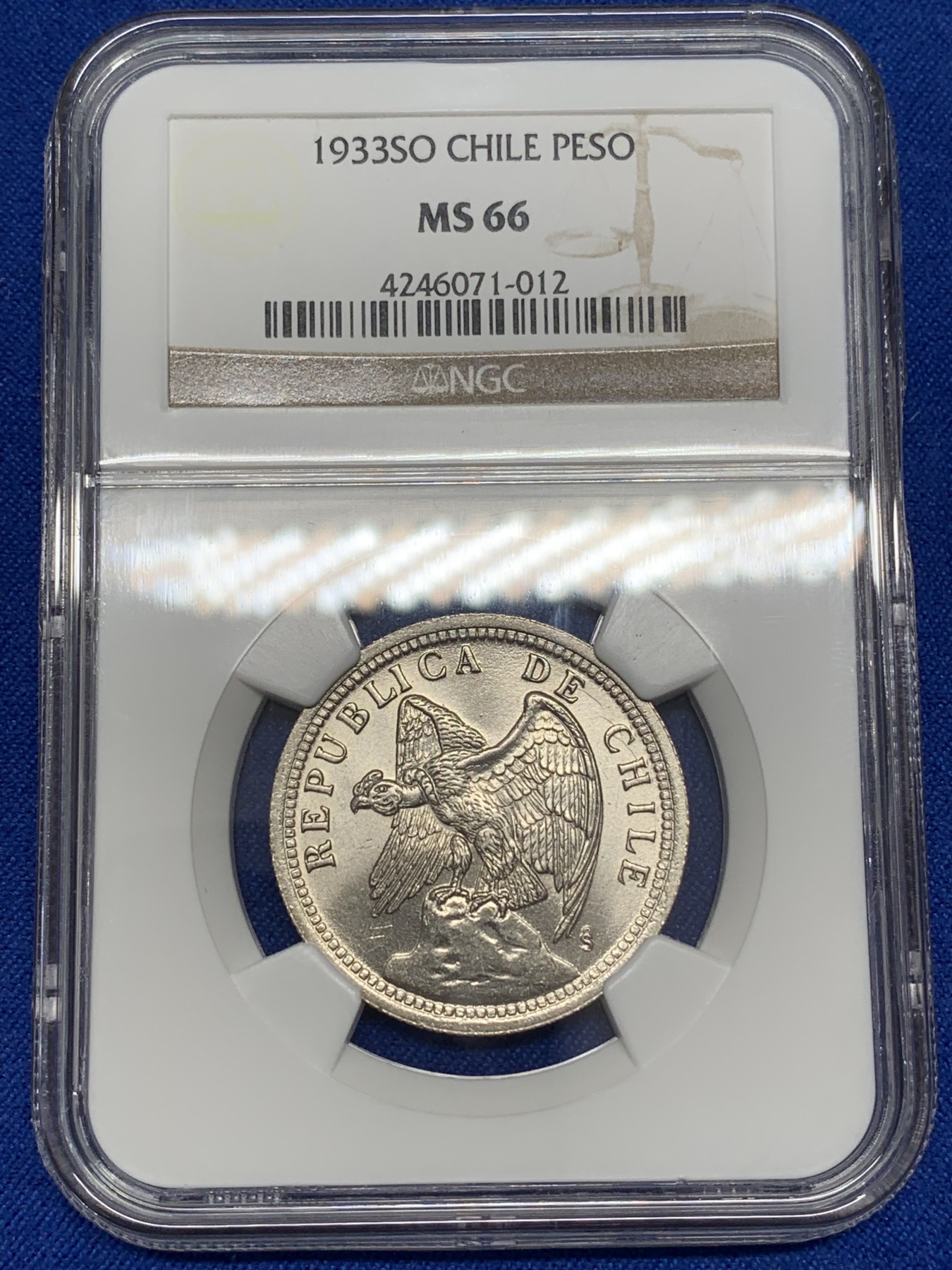 《竞宝斋》第223场-周日，周一 2场 (全场包邮) NGC-MS66 智利 1933年 1比索 高分辅币 热门中南美品种
