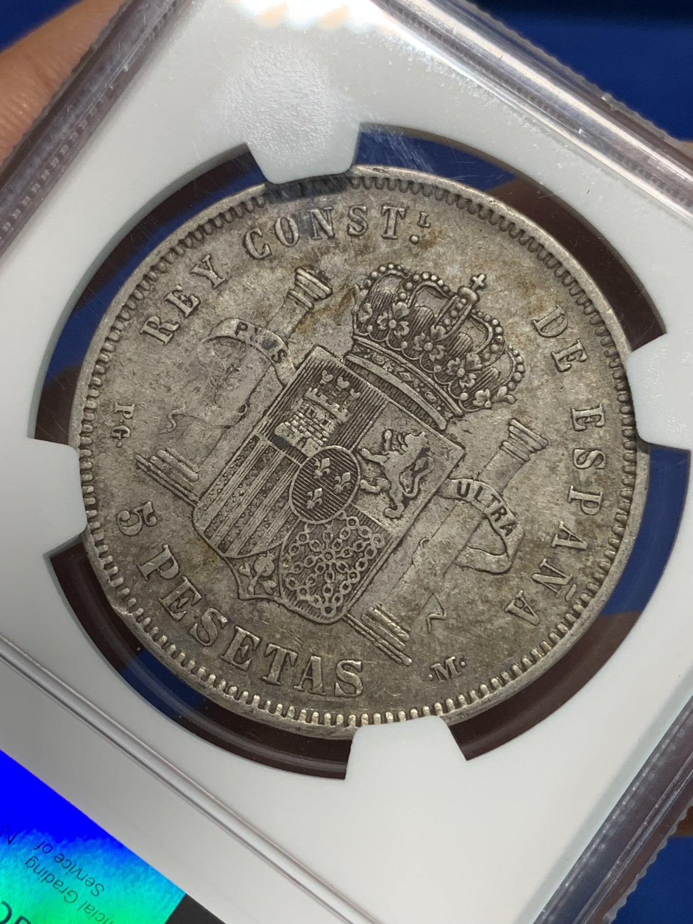 《竞宝斋》第223场-周日，周一 2场 (全场包邮) NGC-XF45 西班牙1891年小光头阿方索十二世5比塞塔银币