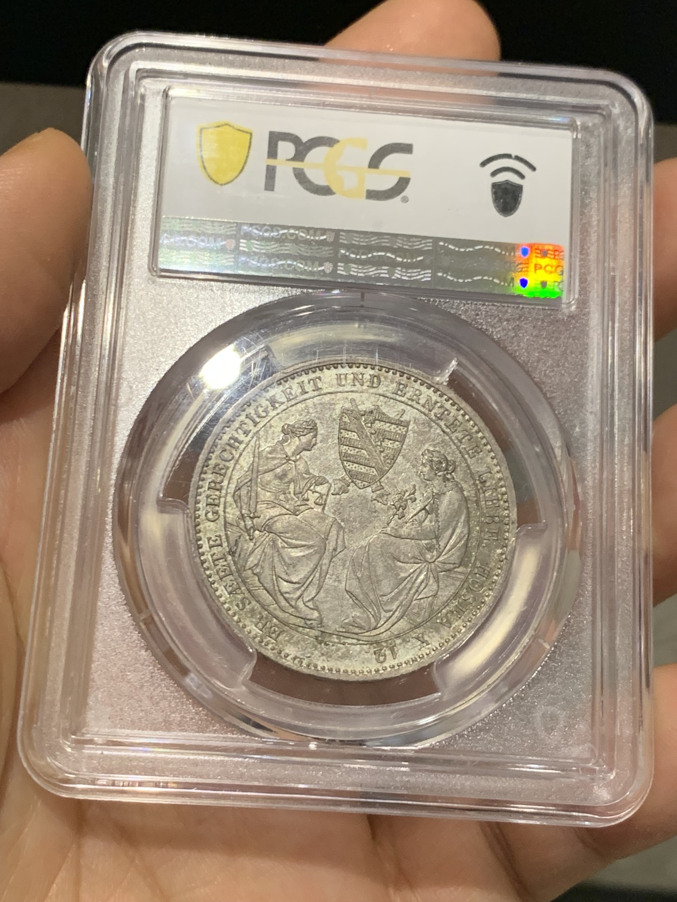 《竞宝斋》第223场-周日，周一 2场 (全场包邮) 亚军分 PCGS MS63 德国 萨克森 1854年 双神1泰勒大银币 枪灰色包浆 底板带光 舒服的状态