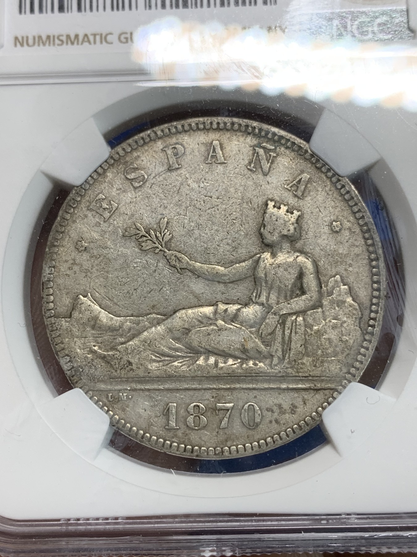 《竞宝斋》第223场-周日，周一 2场 (全场包邮) NGC VF35 西班牙1870年拿花5比塞塔大银币