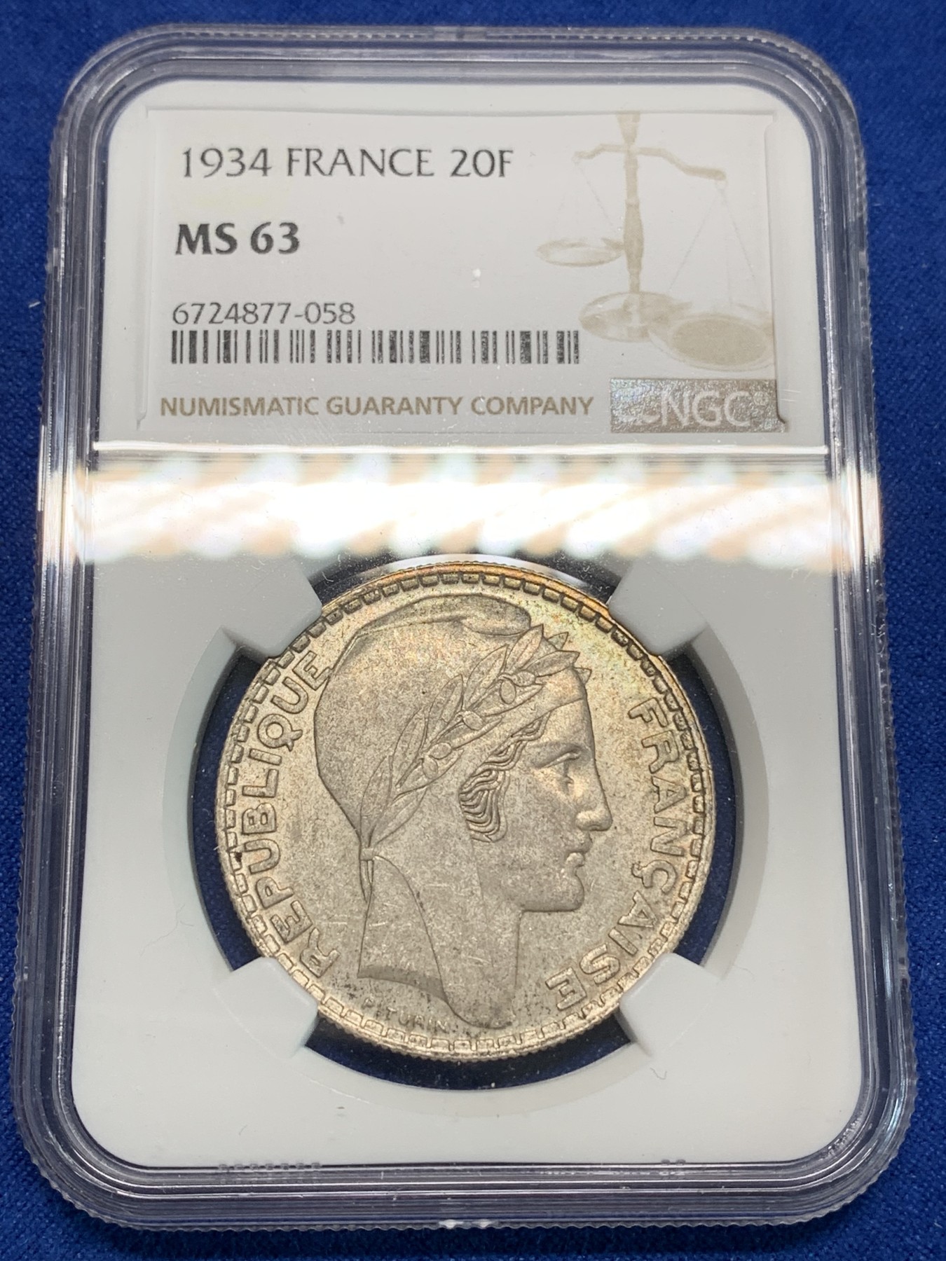 《竞宝斋》第223场-周日，周一 2场 (全场包邮) NGC-MS63 法国1934年 谷物女神20法郎大银币