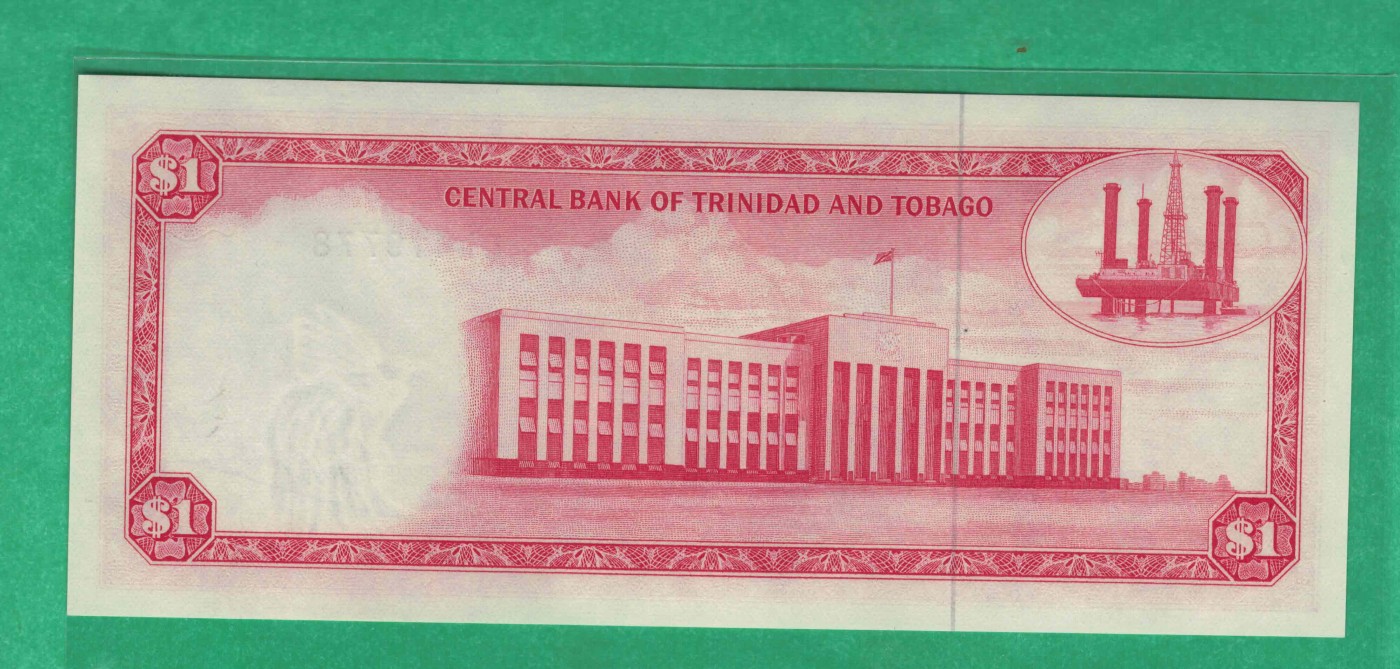 特立尼达和多巴哥1964年(1977)1元 签名3 P-30a 尾8 大洋洲币 实物图 UNC