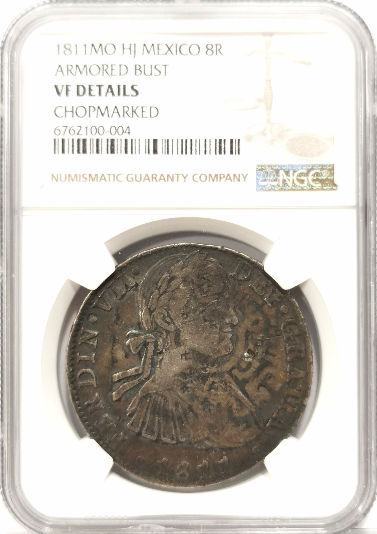 博洋堂世界钱币拍卖第056期（全场包邮） NGC VF 西属墨西哥1811年MO HJ斐迪南七世双柱银币，原味墨戳叠加字戳