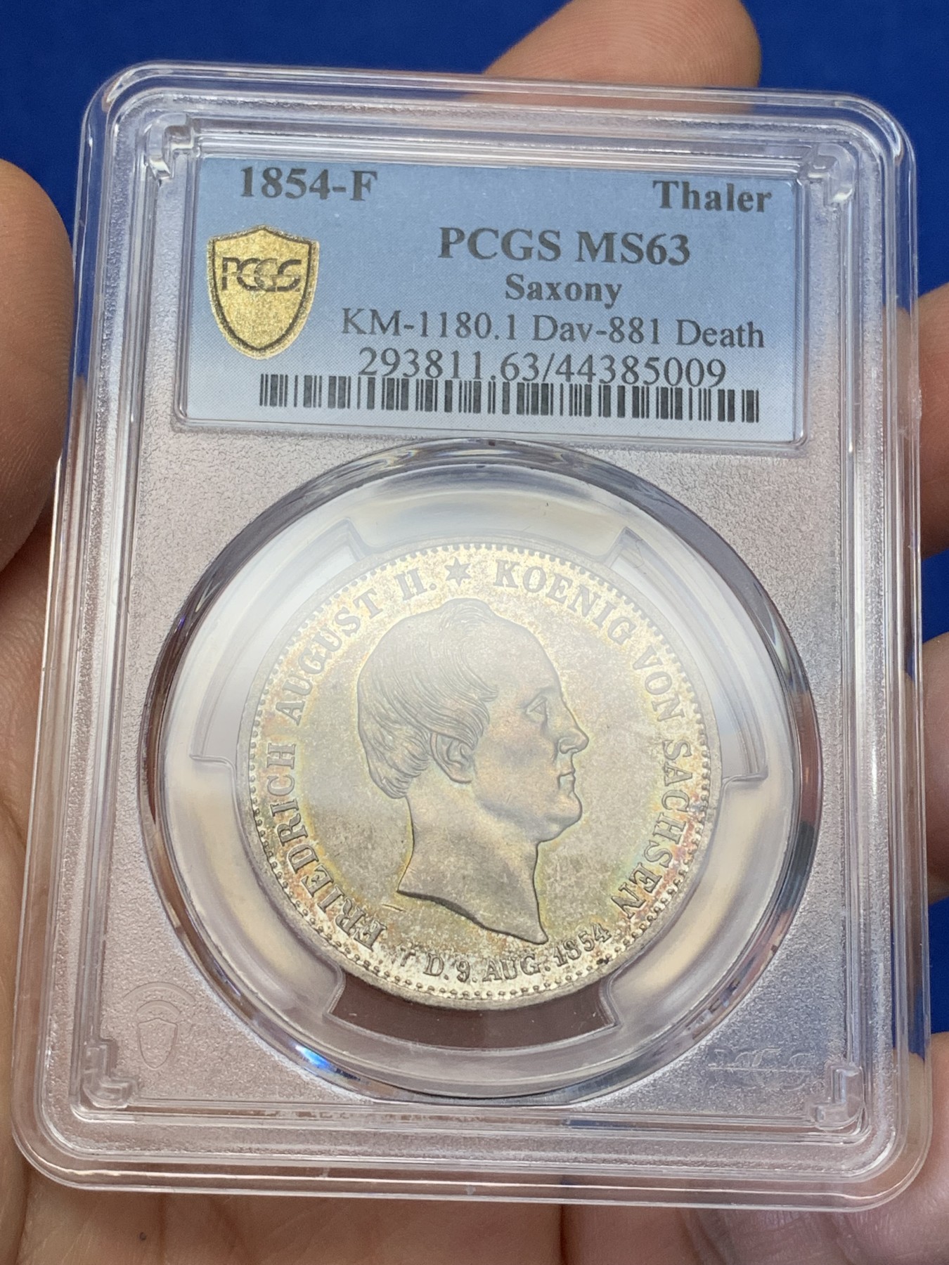 《竞宝斋》第223场-周日，周一 2场 (全场包邮) 亚军分 PCGS MS63 德国 萨克森 1854年 双神1泰勒大银币 枪灰色包浆 底板带光 舒服的状态