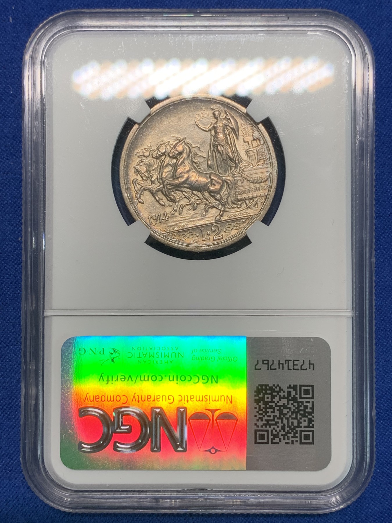 《竞宝斋》第223场-周日，周一 2场 (全场包邮) NGC-AU58 意大利 1914年 2里拉马车银币