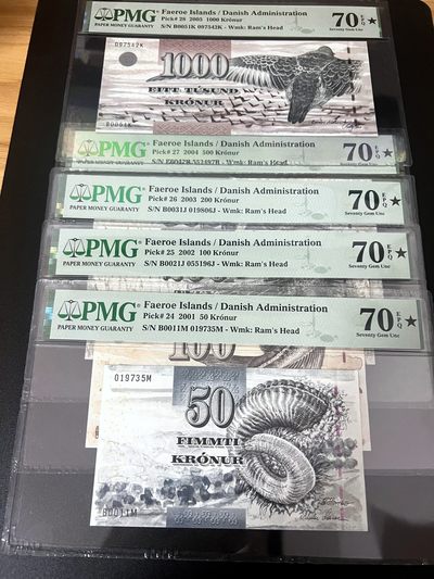 【Blue Auction】✨世界纸币精拍第404期——小精品场 -    【一组5张 均初版满分】法罗群岛 2001-2005年50-1000克朗 PMG70EPQ星星 一步到位收藏级