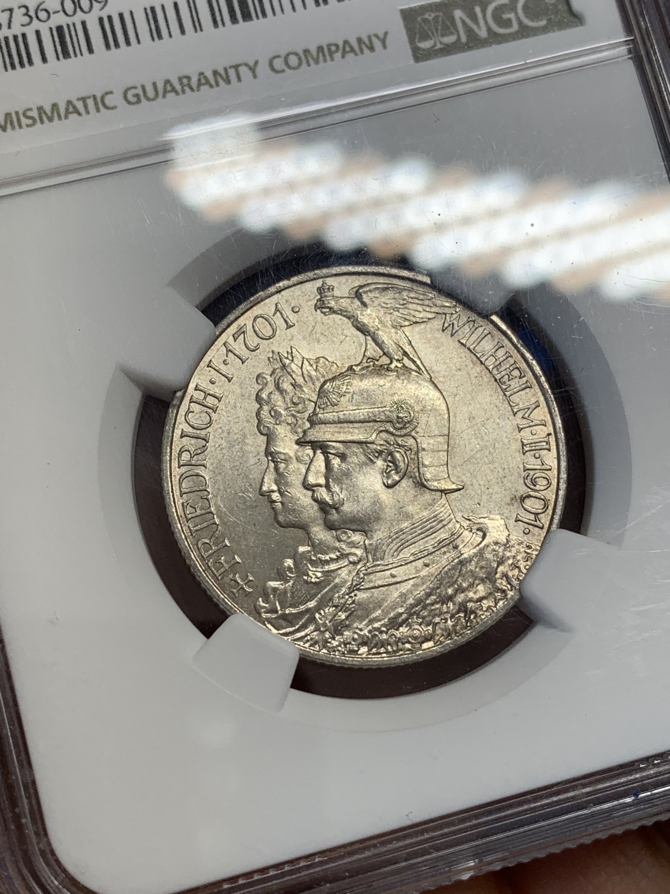 《竞宝斋》第223场-周日，周一 2场 (全场包邮) NGC-MS63 德国 1901年A 普鲁士建国200周年纪念2马克银币。