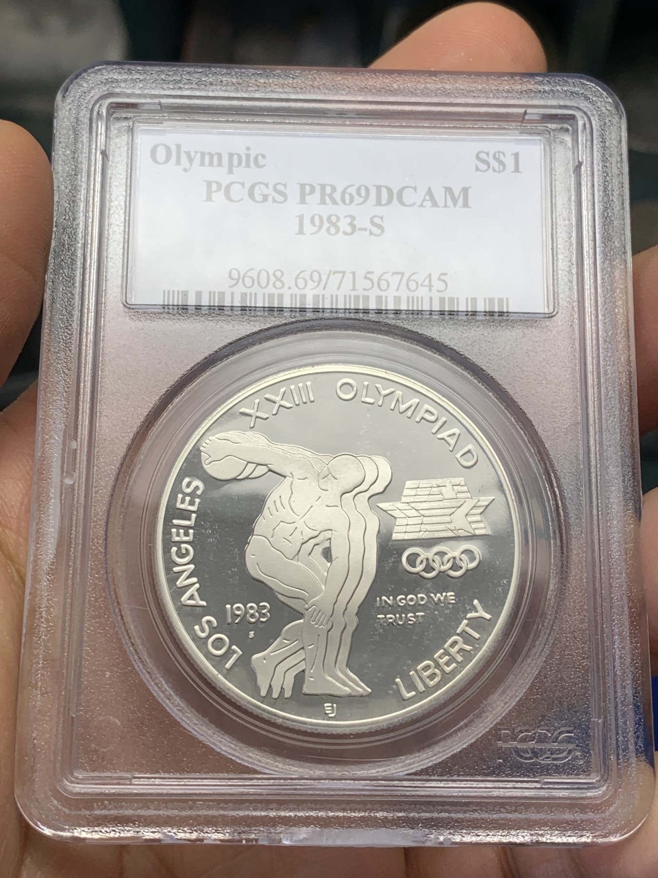 《竞宝斋》第223场-周日，周一 2场 (全场包邮) PCGS-PR69DCAM 美国1983年奥林匹克掷饼者纪念精制银币，克劳斯获奖币