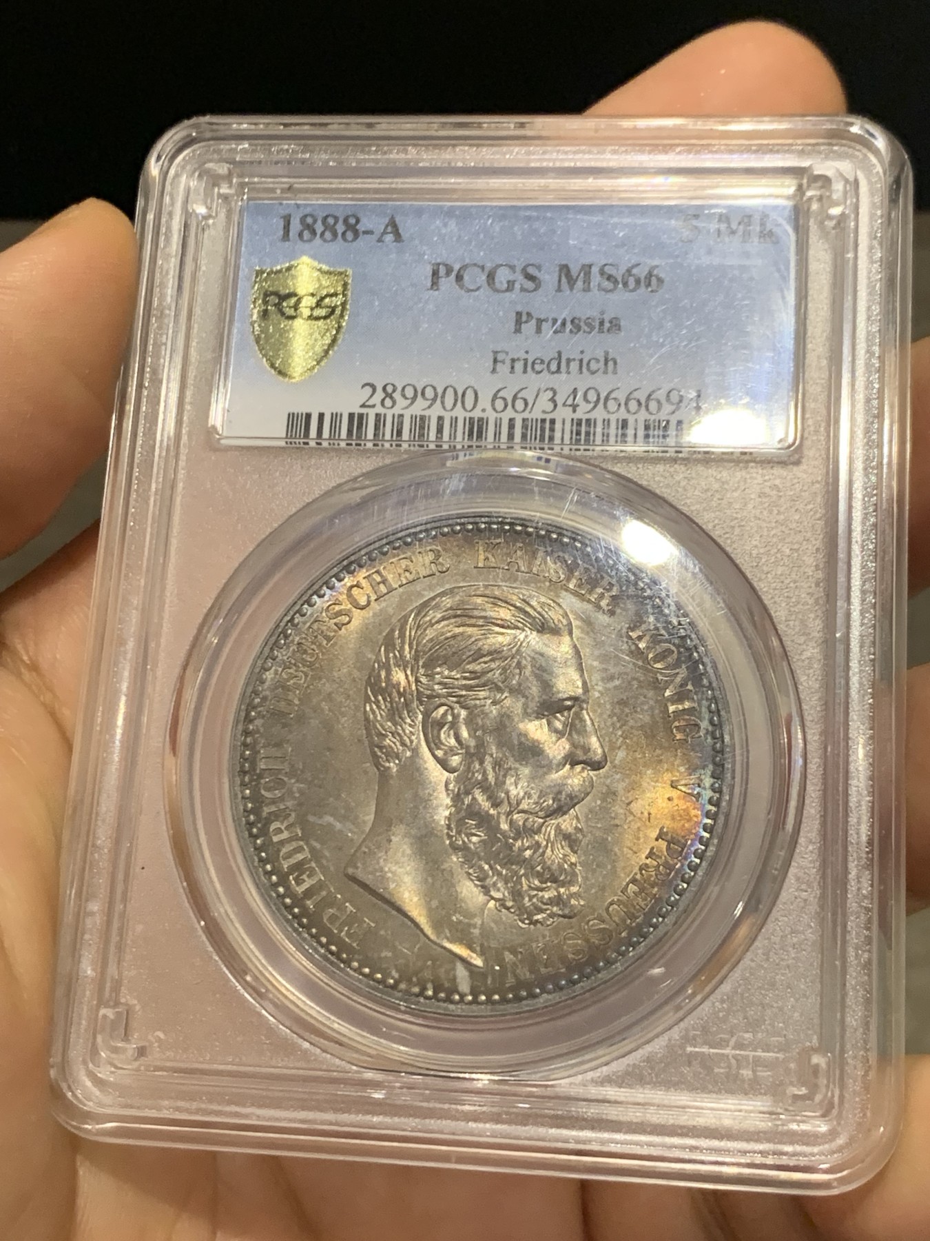《竞宝斋》第223场-周日，周一 2场 (全场包邮) PCGS MS66 1888三皇年德国普鲁士弗三短翅5马克，顶级高分，顶级爆彩包浆，收藏级精品