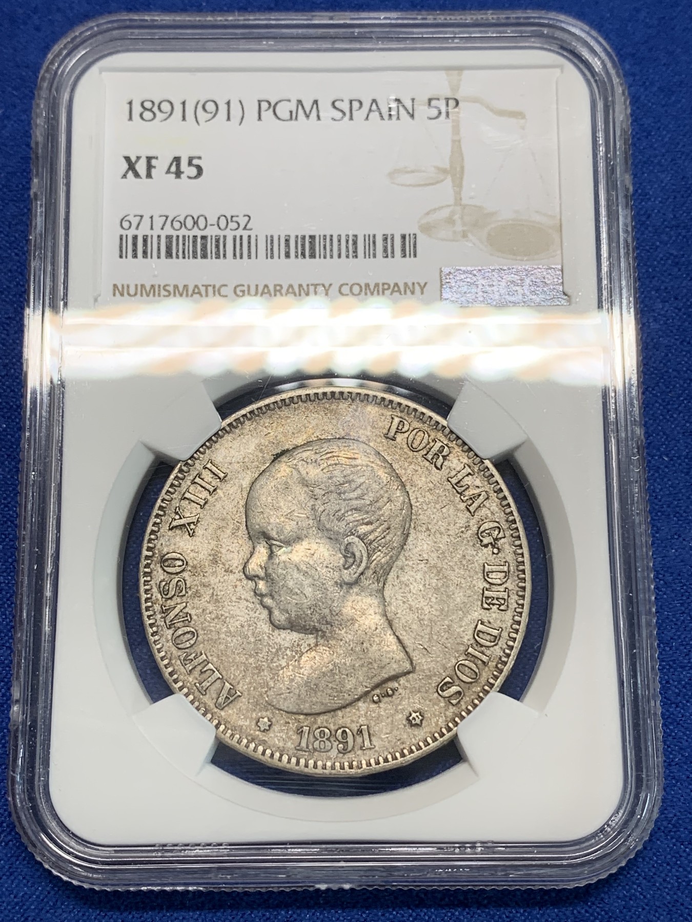 《竞宝斋》第223场-周日，周一 2场 (全场包邮) NGC-XF45 西班牙1891年小光头阿方索十二世5比塞塔银币