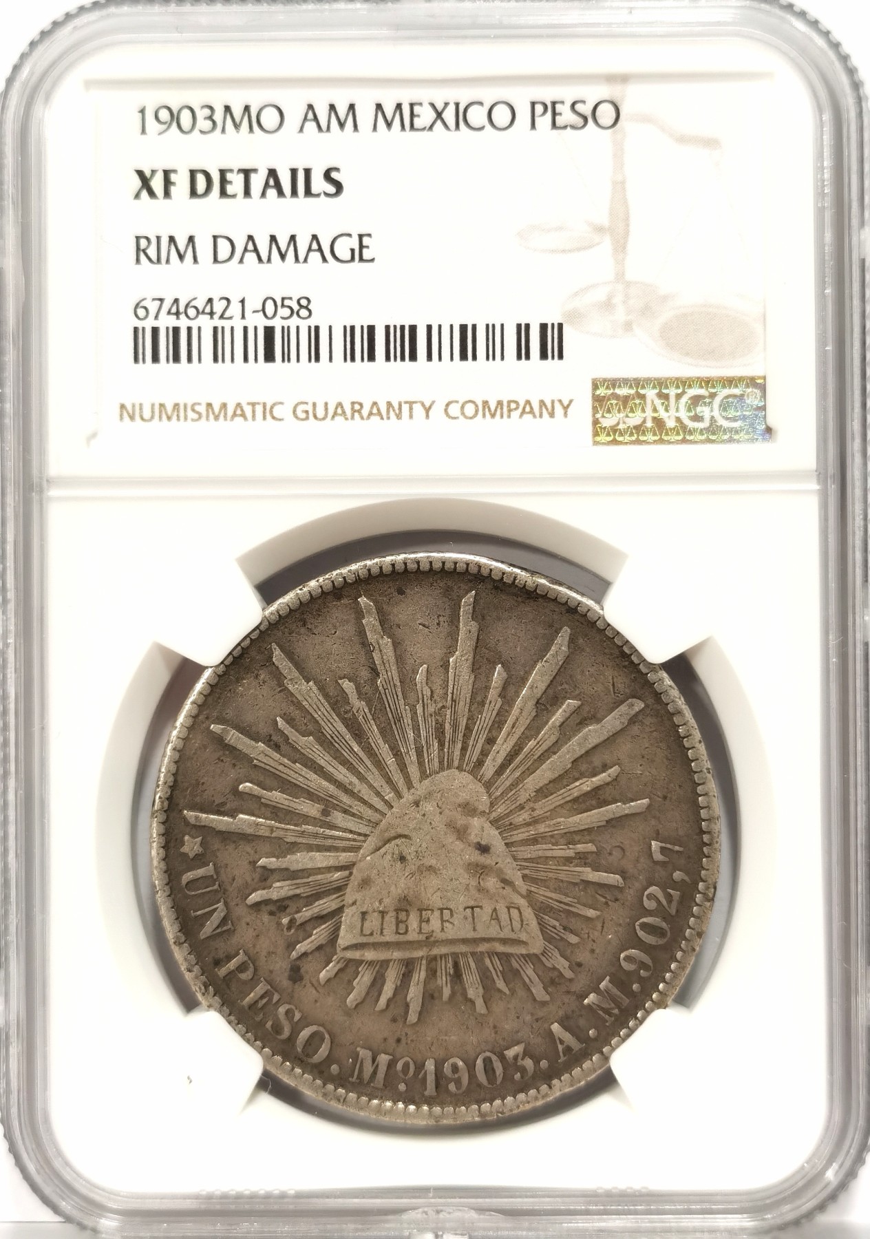 博洋堂世界钱币拍卖第066期（全场包邮） NGC XF 墨西哥1903年MO AM版直边鹰洋，原味包浆