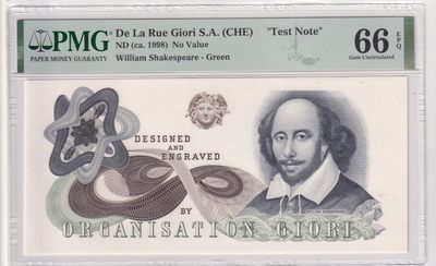 🌗乐淘淘世界纸币拍卖 第33期 测试钞专场🌓 英国德纳罗印钞公司1998年单面雕刻印刷测试钞 莎士比亚 PMG66EPQ