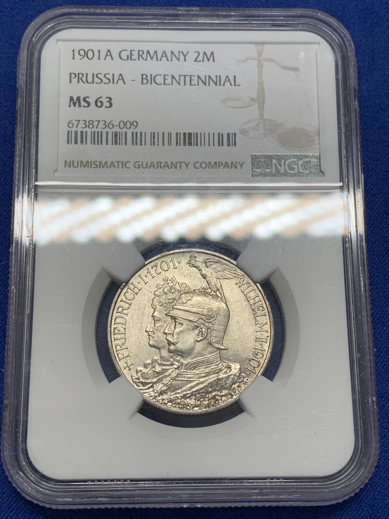 《竞宝斋》第223场-周日，周一 2场 (全场包邮) NGC-MS63 德国 1901年A 普鲁士建国200周年纪念2马克银币。