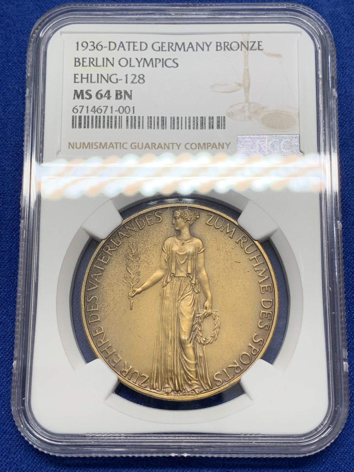 《竞宝斋》第223场-周日，周一 2场 (全场包邮) NGC-MS64 1936年德国1936年柏林奥运会铜质奖章，品相和保存状态都非常好，此枚高分，一步到位的分数