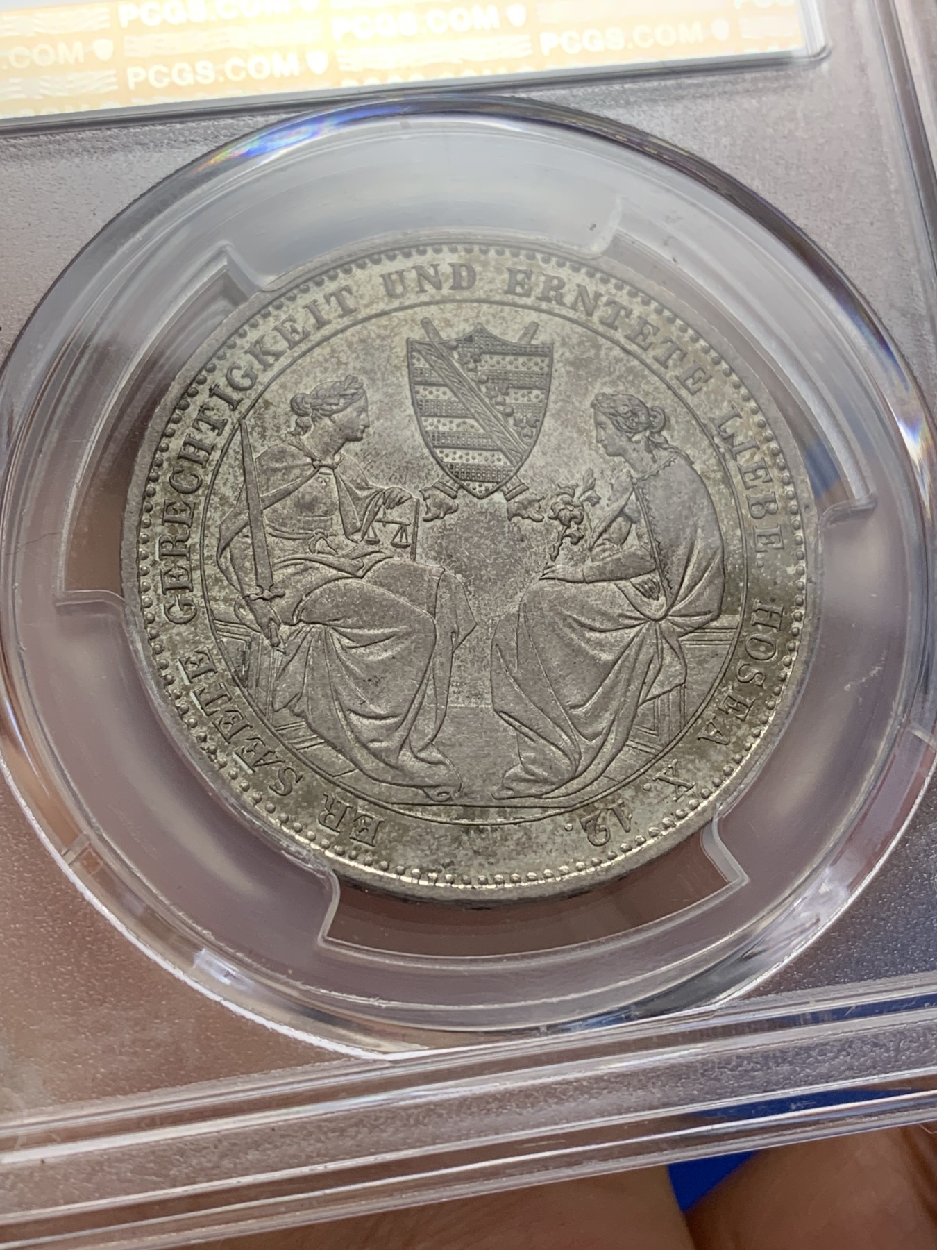 《竞宝斋》第223场-周日，周一 2场 (全场包邮) 亚军分 PCGS MS63 德国 萨克森 1854年 双神1泰勒大银币 枪灰色包浆 底板带光 舒服的状态