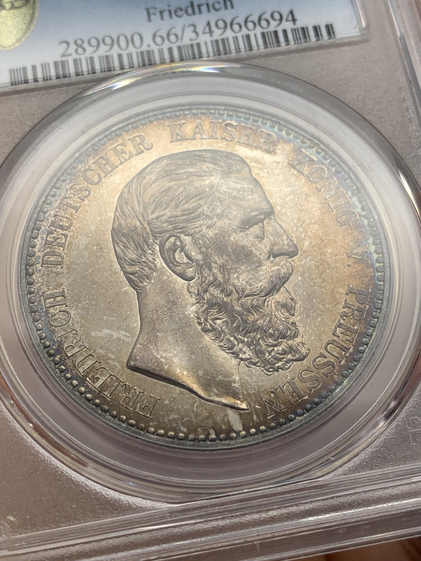 《竞宝斋》第223场-周日，周一 2场 (全场包邮) PCGS MS66 1888三皇年德国普鲁士弗三短翅5马克，顶级高分，顶级爆彩包浆，收藏级精品