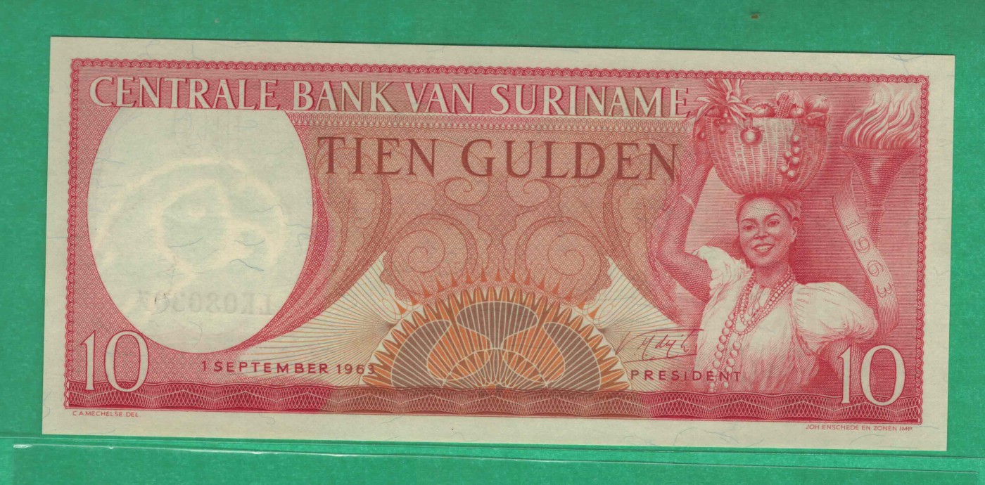 苏里南1963年10盾 无4 美洲纸币 实物图 UNC