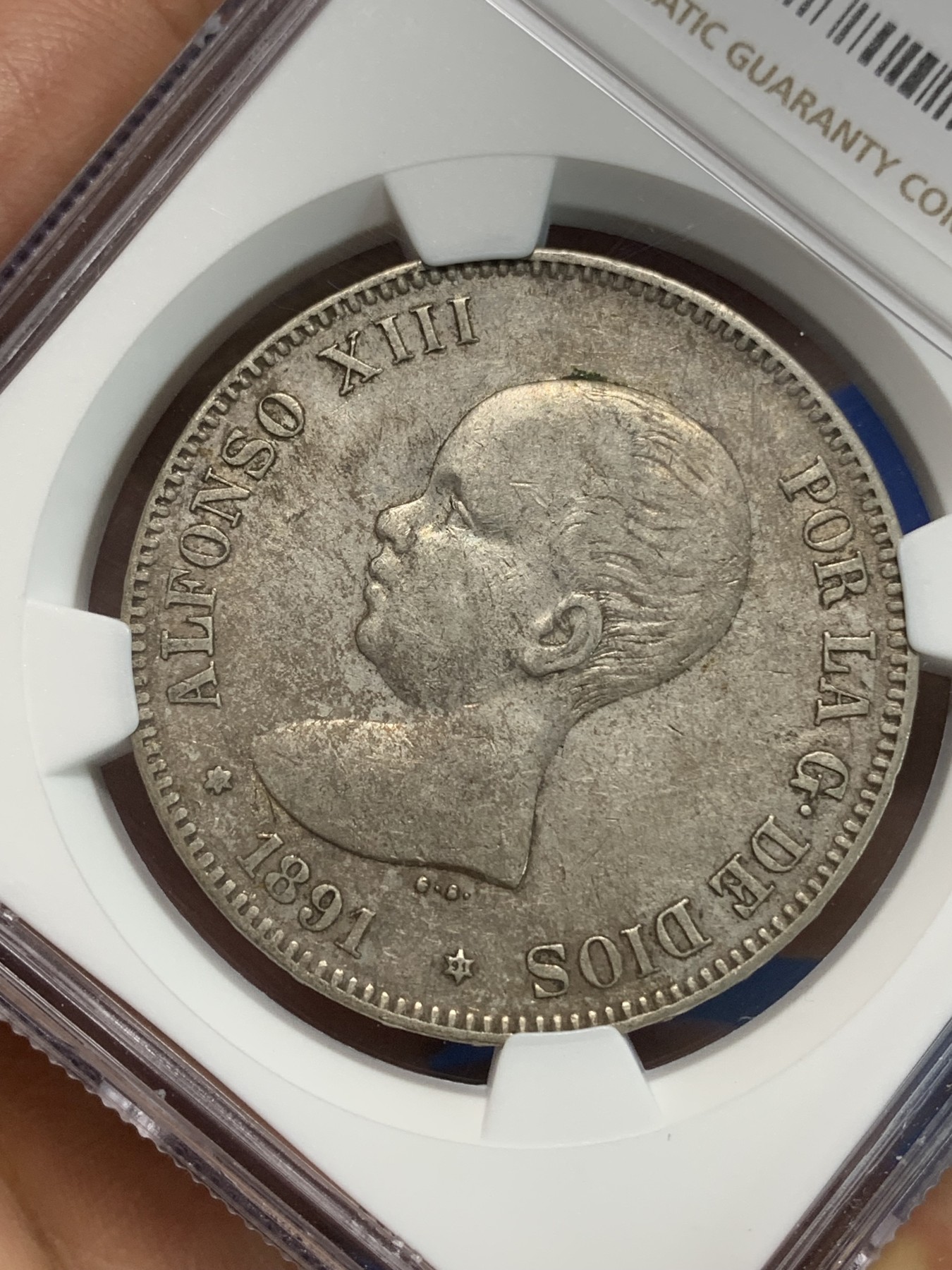 《竞宝斋》第223场-周日，周一 2场 (全场包邮) NGC-XF45 西班牙1891年小光头阿方索十二世5比塞塔银币